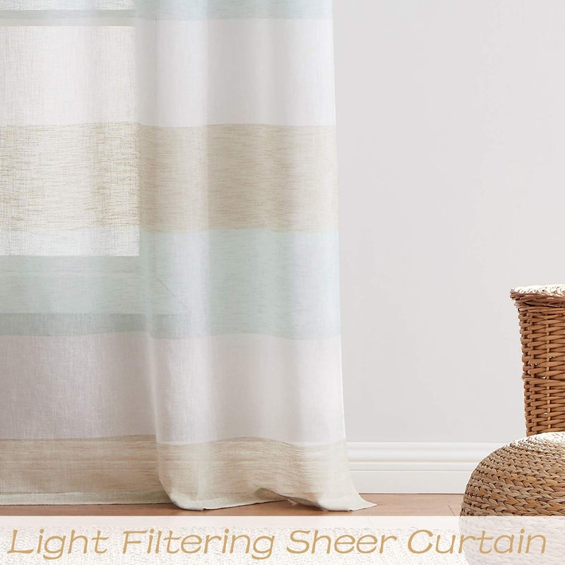 Central Park Tan and Spa Blue Stripe Sheer Color Block Window Curtain Panel Linen Window Treatment for Bedroom Living Room Farmhouse 63 inches Long with Grommets, 2 Panel Rustic Drapes - Image 5